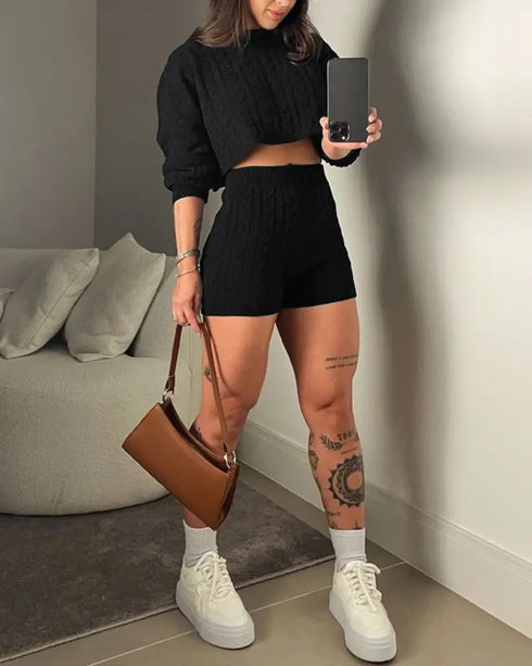 2 Piece Crewneck Long Sleeve Cable Knit Crop Sweater High Waist Shorts Tracksuits Outfits black