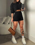2 Piece Crewneck Long Sleeve Cable Knit Crop Sweater High Waist Shorts Tracksuits Outfits black