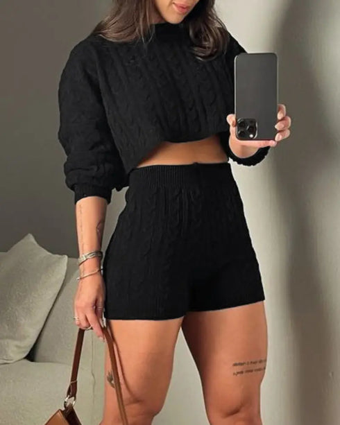 2 Piece Crewneck Long Sleeve Cable Knit Crop Sweater High Waist Shorts Tracksuits Outfits black