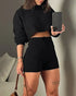 2 Piece Crewneck Long Sleeve Cable Knit Crop Sweater High Waist Shorts Tracksuits Outfits black