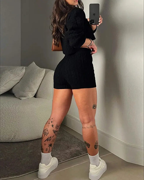 2 Piece Crewneck Long Sleeve Cable Knit Crop Sweater High Waist Shorts Tracksuits Outfits black