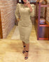 Turn-down Collar Long Sleeve Button Decor Front Slit Slim Fit Mid-Calf Dress Work Bodycon khaki