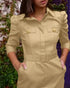 Turn-down Collar Long Sleeve Button Decor Front Slit Slim Fit Mid-Calf Dress Work Bodycon khaki