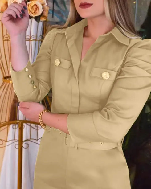 Turn-down Collar Long Sleeve Button Decor Front Slit Slim Fit Mid-Calf Dress Work Bodycon khaki