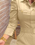 Turn-down Collar Long Sleeve Button Decor Front Slit Slim Fit Mid-Calf Dress Work Bodycon khaki