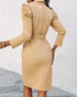 Turn-down Collar Long Sleeve Button Decor Front Slit Slim Fit Mid-Calf Dress Work Bodycon khaki