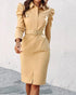 Turn-down Collar Long Sleeve Button Decor Front Slit Slim Fit Mid-Calf Dress Work Bodycon khaki