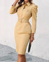 Turn-down Collar Long Sleeve Button Decor Front Slit Slim Fit Mid-Calf Dress Work Bodycon khaki