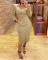 Turn-down Collar Long Sleeve Button Decor Front Slit Slim Fit Mid-Calf Dress Work Bodycon khaki