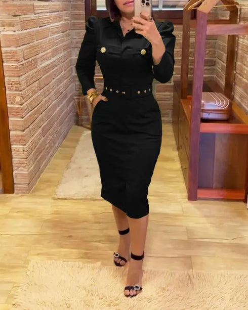 Turn-down Collar Long Sleeve Button Decor Front Slit Slim Fit Mid-Calf Dress Work Bodycon black