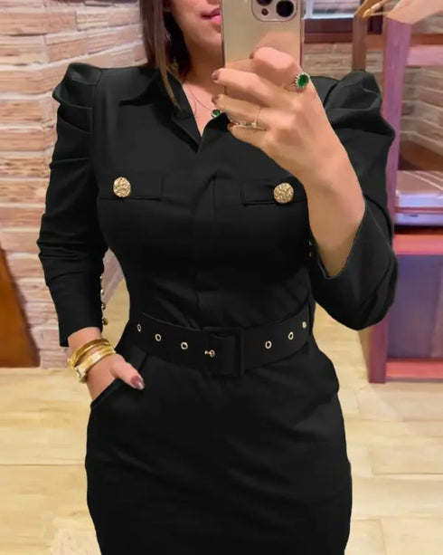 Turn-down Collar Long Sleeve Button Decor Front Slit Slim Fit Mid-Calf Dress Work Bodycon black