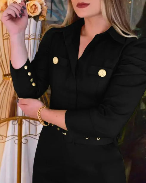 Turn-down Collar Long Sleeve Button Decor Front Slit Slim Fit Mid-Calf Dress Work Bodycon black