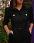 Turn-down Collar Long Sleeve Button Decor Front Slit Slim Fit Mid-Calf Dress Work Bodycon black