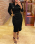 Turn-down Collar Long Sleeve Button Decor Front Slit Slim Fit Mid-Calf Dress Work Bodycon black