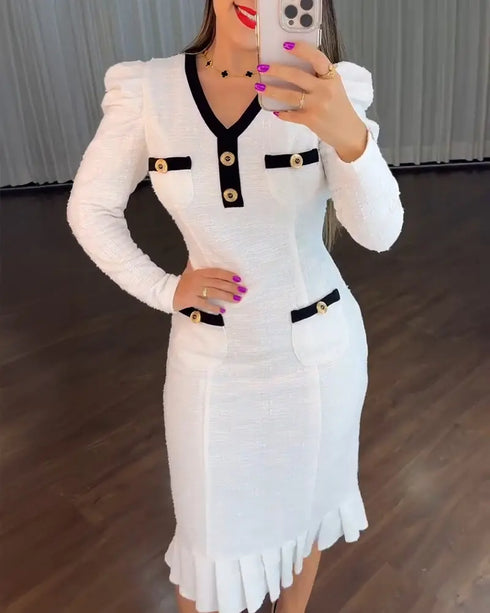 Button Decor Contrast Paneled V-Neck Puff Sleeve Zipper Back Commuting Dress Pockets Design Pleated Hem Tweed Dress white