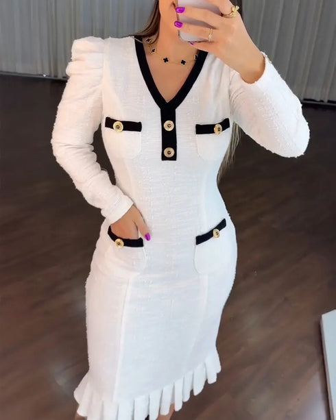 Button Decor Contrast Paneled V-Neck Puff Sleeve Zipper Back Commuting Dress Pockets Design Pleated Hem Tweed Dress white