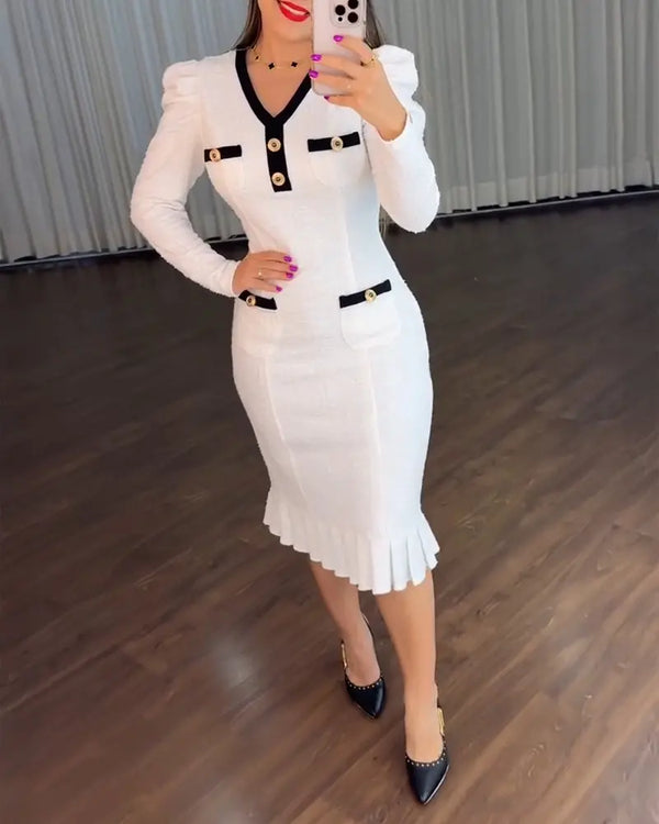 Button Decor Contrast Paneled V-Neck Puff Sleeve Zipper Back Commuting Dress Pockets Design Pleated Hem Tweed Dress white