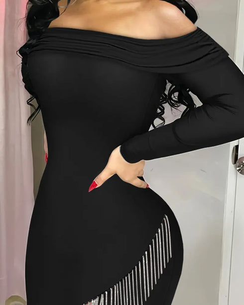 Foldover Ruched Off Shoulder Tassel Hem Bodycon Dress Long Sleeve Asymmetrical Hem Party Dress black