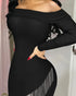 Foldover Ruched Off Shoulder Tassel Hem Bodycon Dress Long Sleeve Asymmetrical Hem Party Dress black