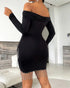 Off Shoulder Long Sleeve Lace Spliced Ruched Evening Dress Velvet Mini Party Dress black