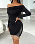 Off Shoulder Long Sleeve Lace Spliced Ruched Evening Dress Velvet Mini Party Dress black