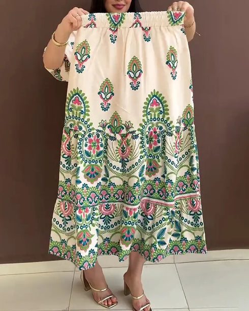 2 Pieces Outfit Tribal Print Short Sleeve Top and Casual Ruffles Hem Skirt Set green