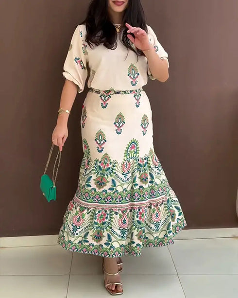 2 Pieces Outfit Tribal Print Short Sleeve Top and Casual Ruffles Hem Skirt Set green