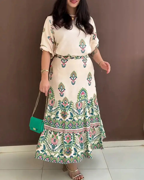 2 Pieces Outfit Tribal Print Short Sleeve Top and Casual Ruffles Hem Skirt Set green