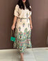 2 Pieces Outfit Tribal Print Short Sleeve Top and Casual Ruffles Hem Skirt Set green
