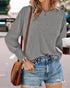 Round Neck Shirred Lantern Sleeve Long Sleeve Softy Basic T-Shirt Casual Tee light gray