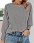 Round Neck Shirred Lantern Sleeve Long Sleeve Softy Basic T-Shirt Casual Tee light gray
