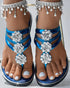 Rhinestone Floral Pattern Hollow Out Flip Flops Slippers blue