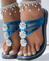 Rhinestone Floral Pattern Hollow Out Flip Flops Slippers blue