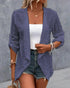 Open Front Floral Lace Embroidered Turn-Up Sleeves Coat Casual Lightweight Breathable Sheer Cardigan blue