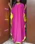 Side Colorblock Cold Shoulder Slit Batwing Sleeve Dress Casual Tie Neck Loose Fit Maxi Dress hot pink
