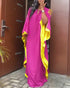Side Colorblock Cold Shoulder Slit Batwing Sleeve Dress Casual Tie Neck Loose Fit Maxi Dress hot pink