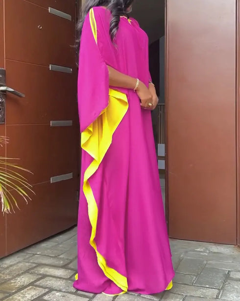Side Colorblock Cold Shoulder Slit Batwing Sleeve Dress Casual Tie Neck Loose Fit Maxi Dress hot pink