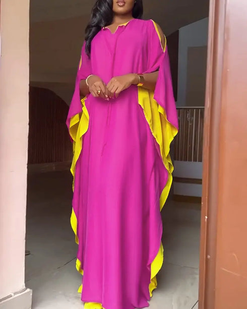 Side Colorblock Cold Shoulder Slit Batwing Sleeve Dress Casual Tie Neck Loose Fit Maxi Dress hot pink
