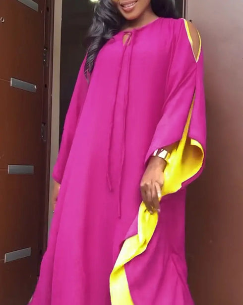 Side Colorblock Cold Shoulder Slit Batwing Sleeve Dress Casual Tie Neck Loose Fit Maxi Dress hot pink