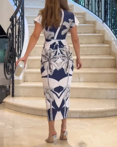 Vintage Baroque Deep V Neck Long Sleeve Slit Bodycon Dress Casual Ruched Slim Fit Vacation Dress blue