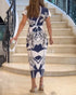 Floral Print Deep V-Neck Gigot Sleeve Party Dress Front Slit Ruched Cinched Waist Vacation Dress blue