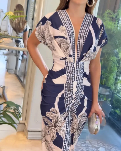 Tropical Print Deep V Neck Ruched Waist-Gathered Dress Front Slit Slim Fit Vacation Dress blue