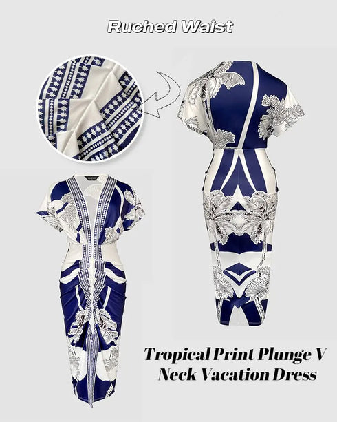 Tropical Print Deep V Neck Ruched Waist-Gathered Dress Front Slit Slim Fit Vacation Dress blue