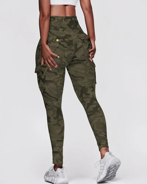 Butt Lifting Leggings with Flap Pockets High Waist Tummy Control Workout Cargo Pants Army green