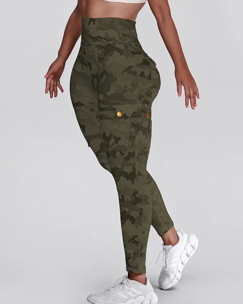 Camouflage Print High Waist Skinny Leggings with Cargo Flap Pockets Casual Pants Army green