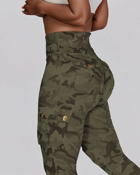 Butt Lifting Leggings with Flap Pockets High Waist Tummy Control Workout Cargo Pants Army green