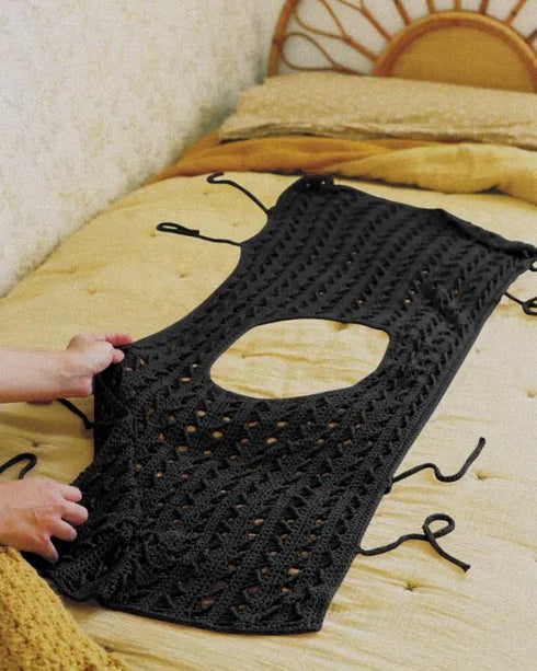 Round Neck Sleeveless Hollow-out Crochet Sweater Casual Tie Side Breathable Crop Top black