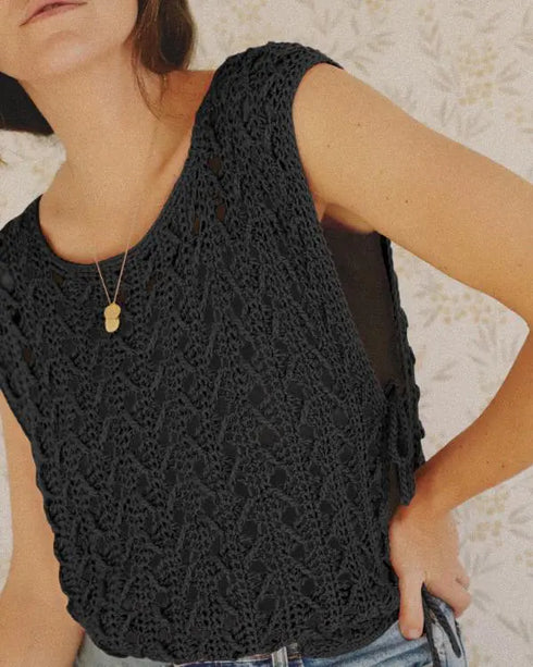 Round Neck Sleeveless Hollow-out Crochet Sweater Casual Tie Side Breathable Crop Top black