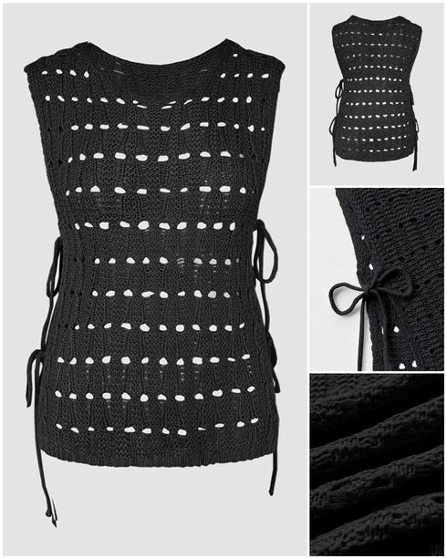 Round Neck Sleeveless Hollow-out Crochet Sweater Casual Tie Side Breathable Crop Top black
