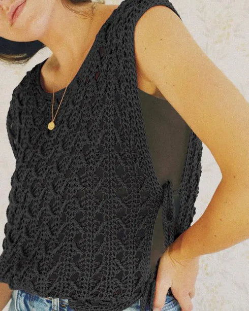 Round Neck Sleeveless Hollow-out Crochet Sweater Casual Tie Side Breathable Crop Top black